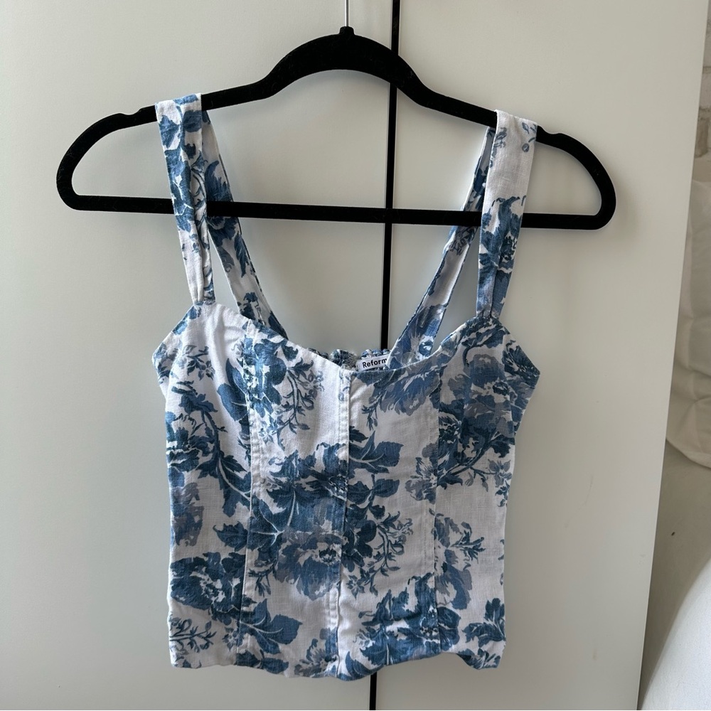 Reformation Floral Blue Linen Top